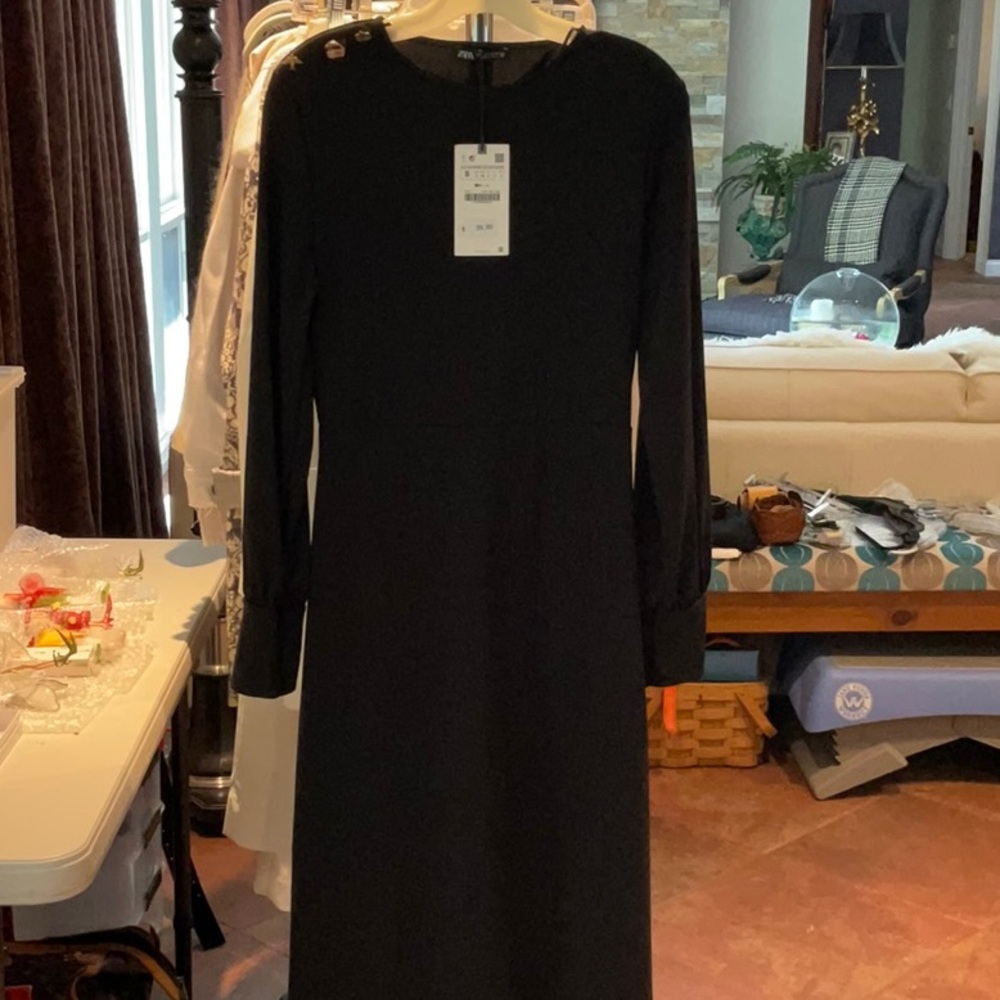 Zara Black Long Sleeve Dress with Button Detail